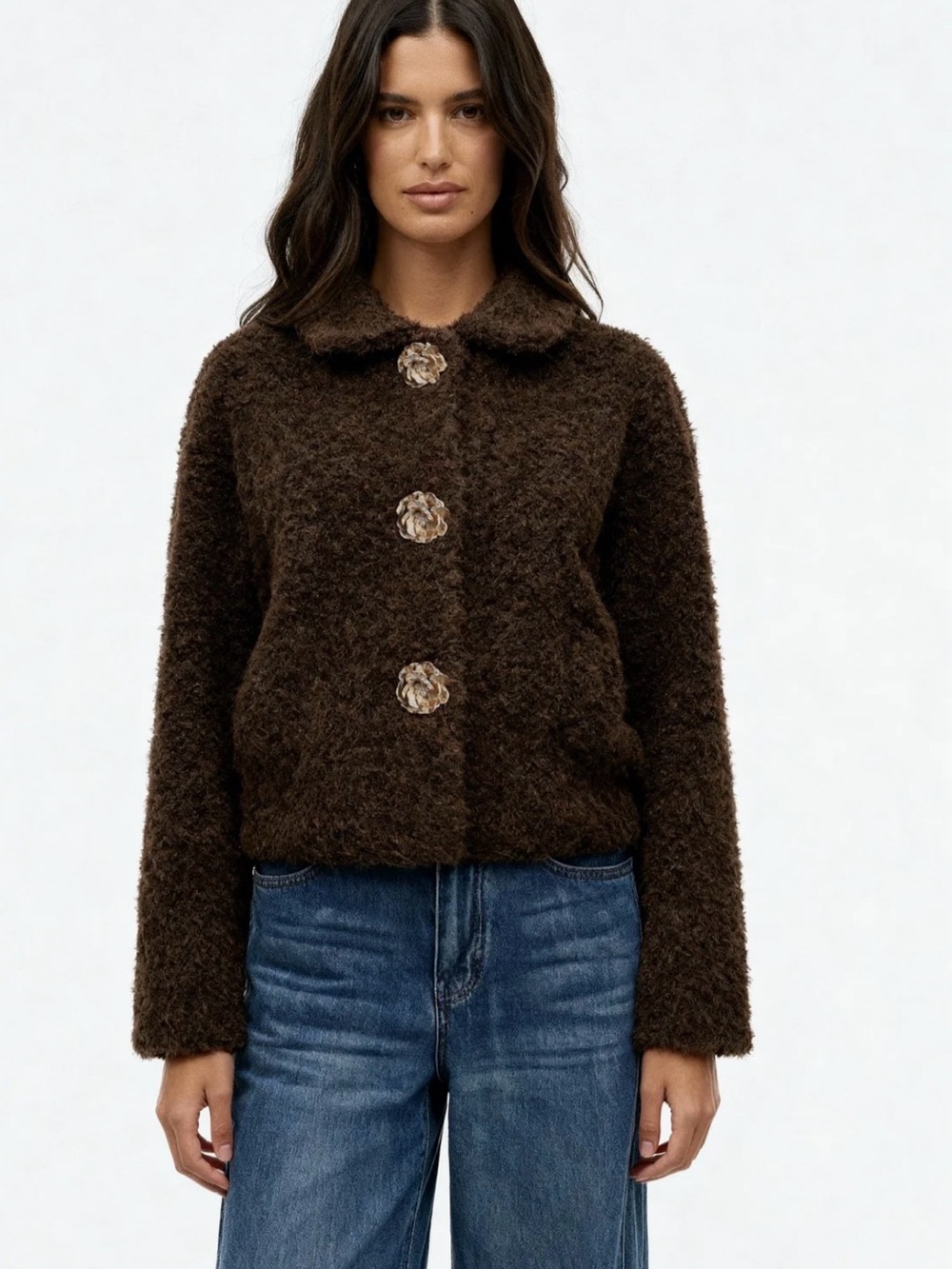 Zara Brown Faux Fur Knit Cardigan with Flower Buttons S